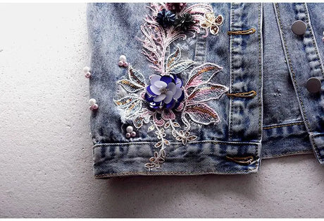 Beaded Denim Vest Sleeveless Jacket