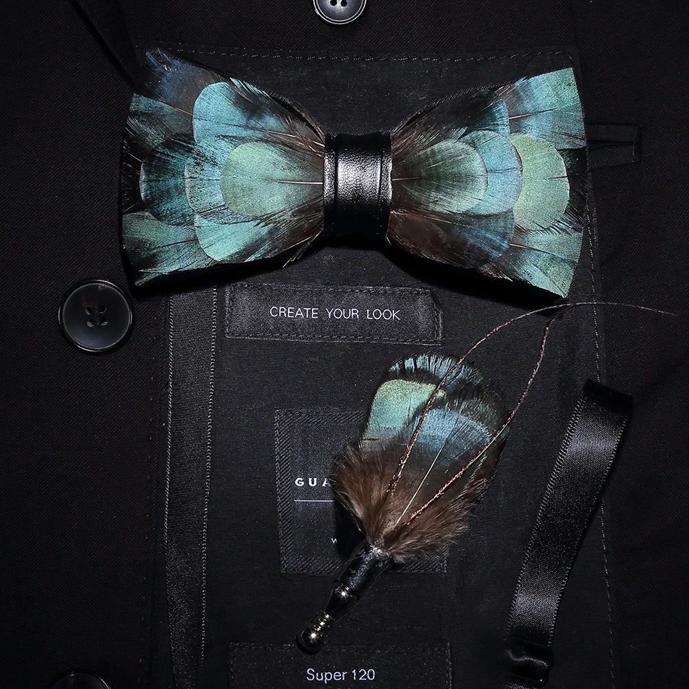 Men's Bow Tie & Pin Set Handmade Natural Feather Gift Box