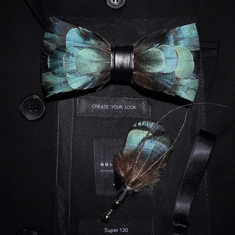 Men's Bow Tie & Pin Set Handmade Natural Feather Gift Box