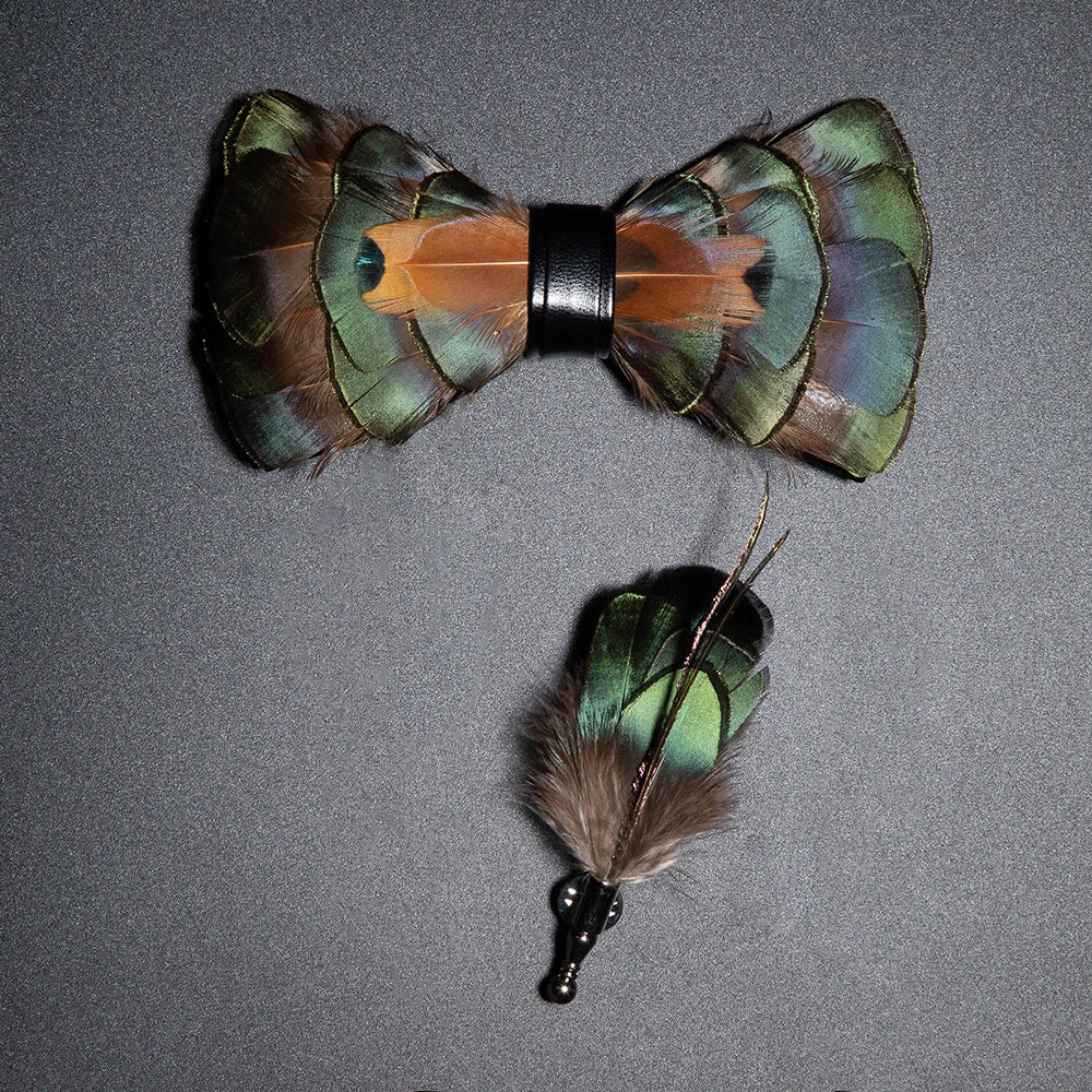Men's Bow Tie & Pin Set Handmade Natural Feather Gift Box