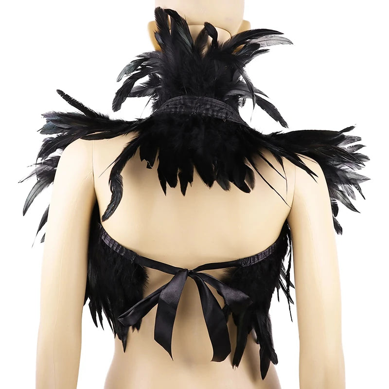 Black Rooster Feather Shrug Gothic Collar with Ribbon Ties