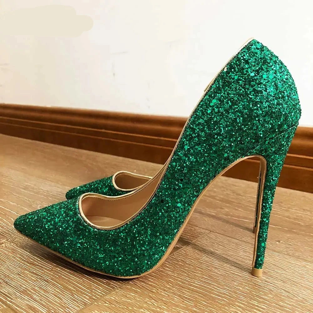 Esmerelda Glittery Green Shoes Green Stiletto High Heel Pointy Toe Shoes