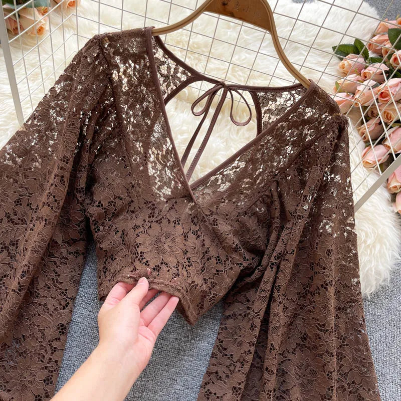 Lace Crop Top Black/White/Brown Long Lantern Sleeve