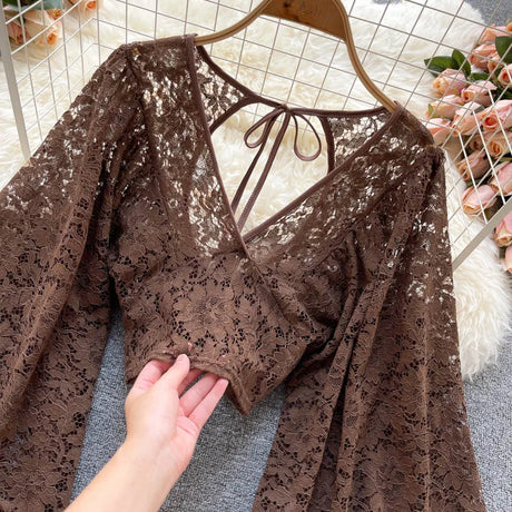 Lace Crop Top Black/White/Brown Long Lantern Sleeve
