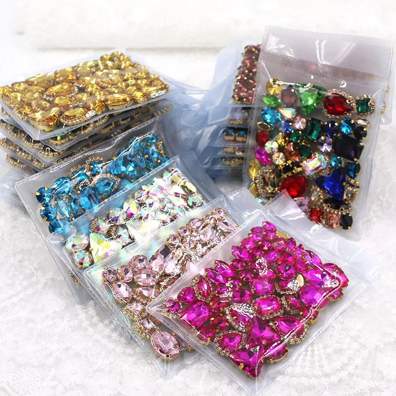 50pcs/Bag Shiny Mixed Shape Sew On Glass Rhinestone Gold Claw Crystal Buckle DIY Decoration 24 Colours