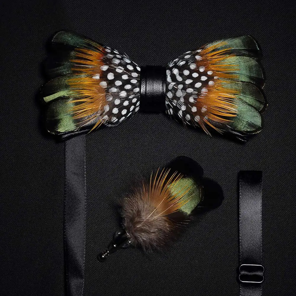 Men's Bow Tie & Pin Set Handmade Natural Feather Gift Box