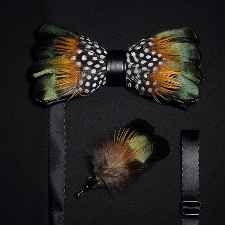 Men's Bow Tie & Pin Set Handmade Natural Feather Gift Box