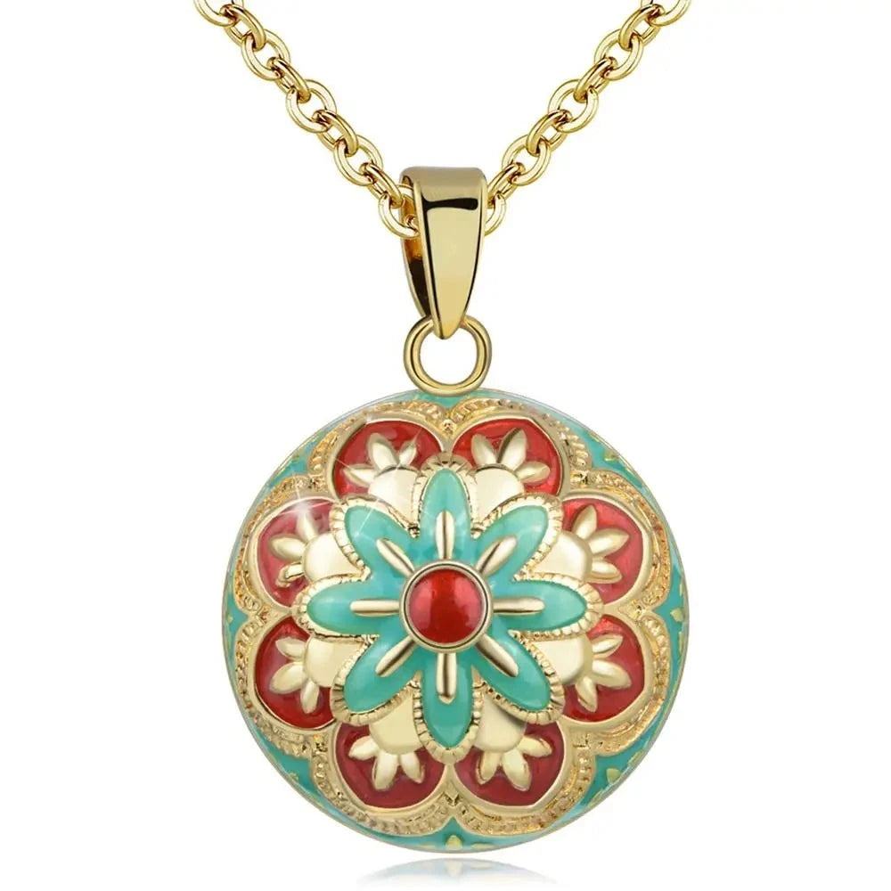 Flower Bell  Enamel Harmony Sound Ball Mexican Bola Pendant Necklace