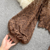 Lace Crop Top Black/White/Brown Long Lantern Sleeve