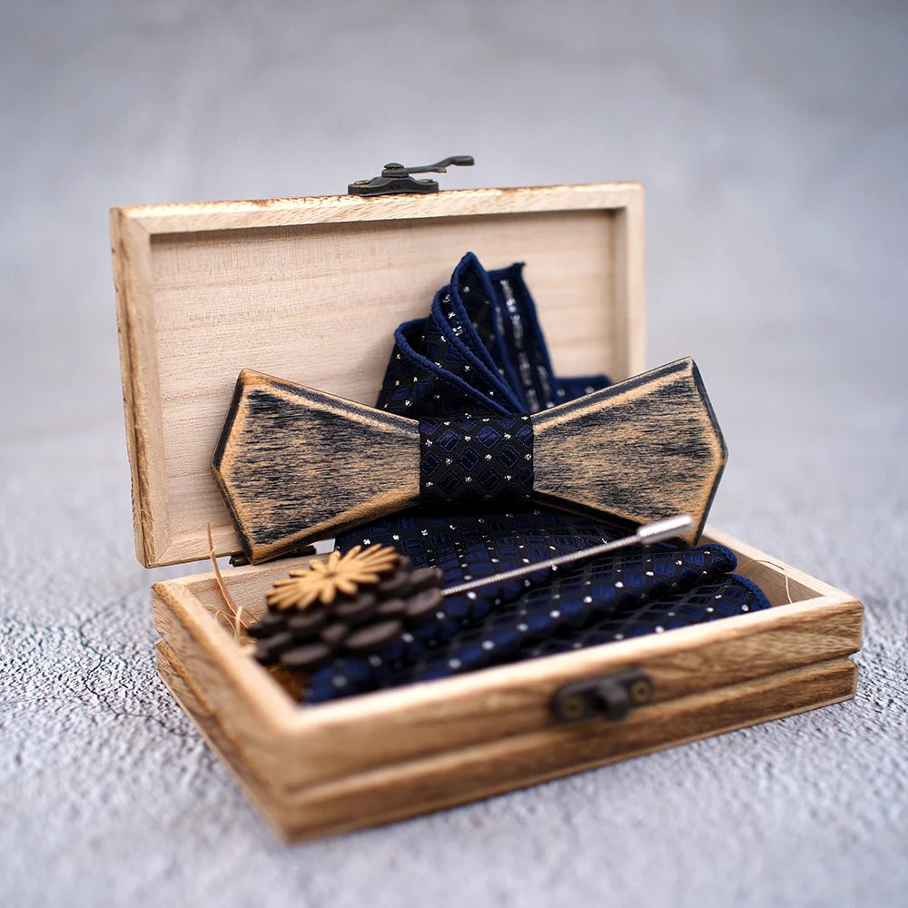 Wooden Bow Ties, Pocket Square and Lapel Pin Gift Box Set