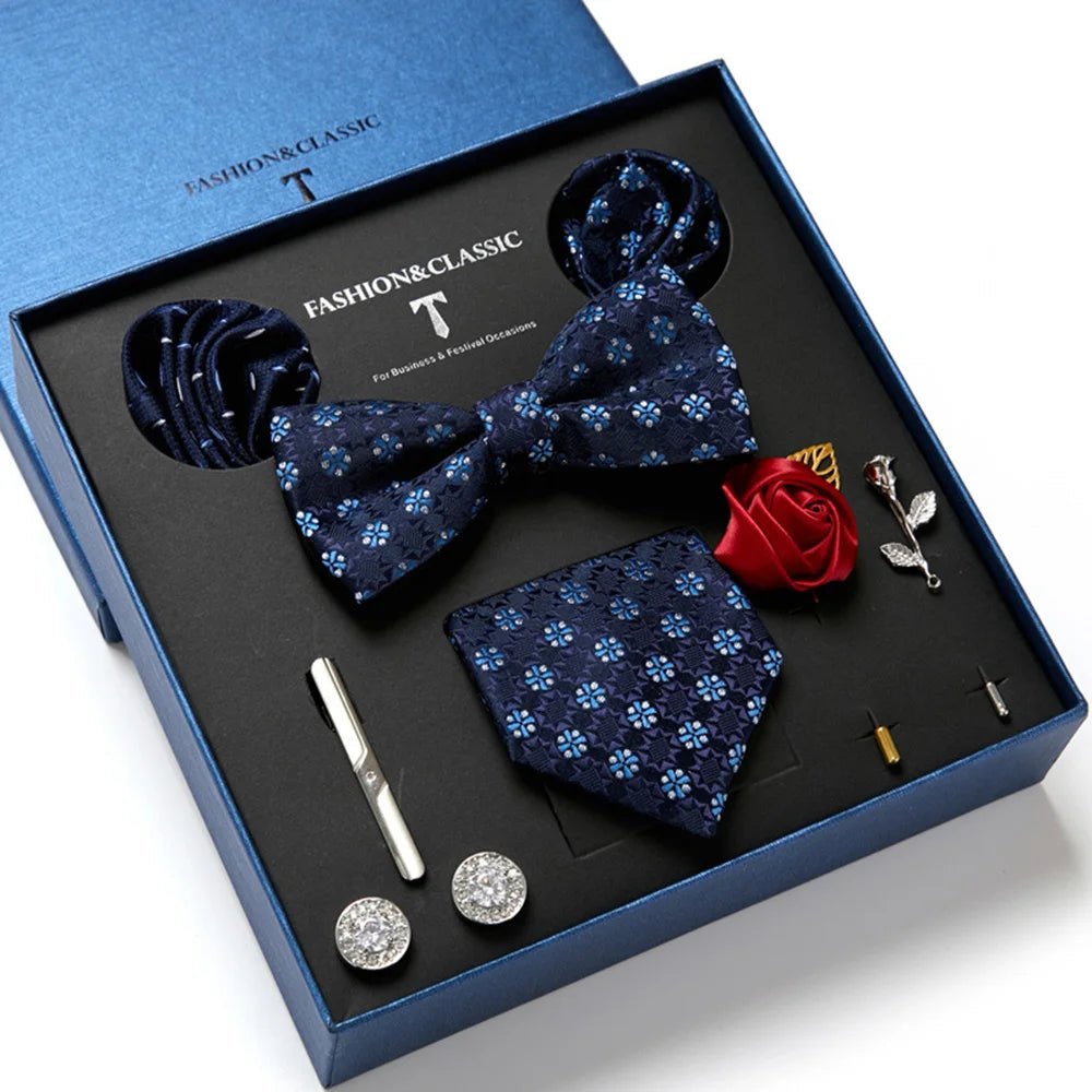 Men's 8pcs Tie Set Wedding Cravat Silk Bowtie Pocket Square Cufflinks Brooch Box Set Gifts For Men