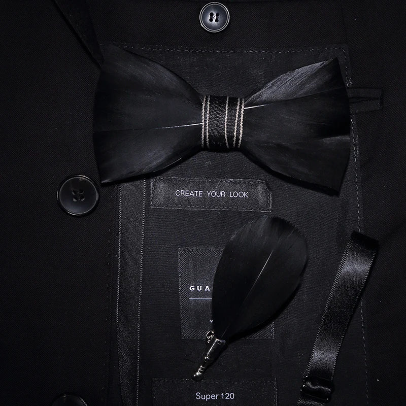 Men's Bow Tie & Pin Set Handmade Natural Feather Gift Box