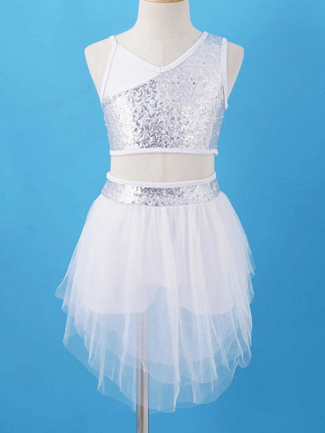 Sequins Ballet Dance Set Girls Crop Top Skirted Shorts Stage Dance Costumes
