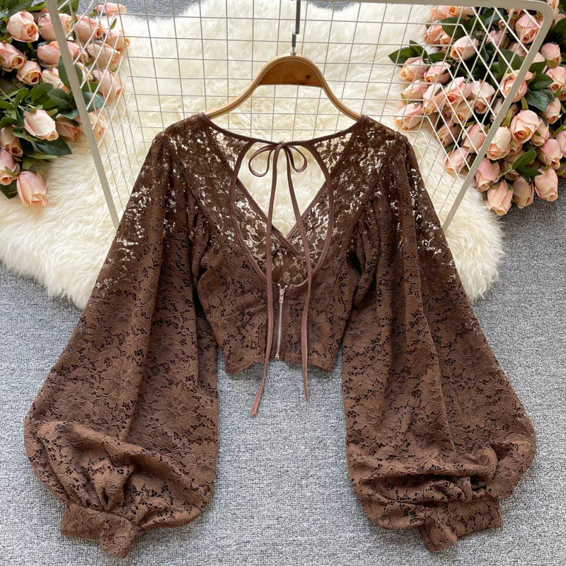 Lace Crop Top Black/White/Brown Long Lantern Sleeve