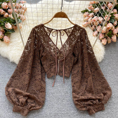 Lace Crop Top Black/White/Brown Long Lantern Sleeve