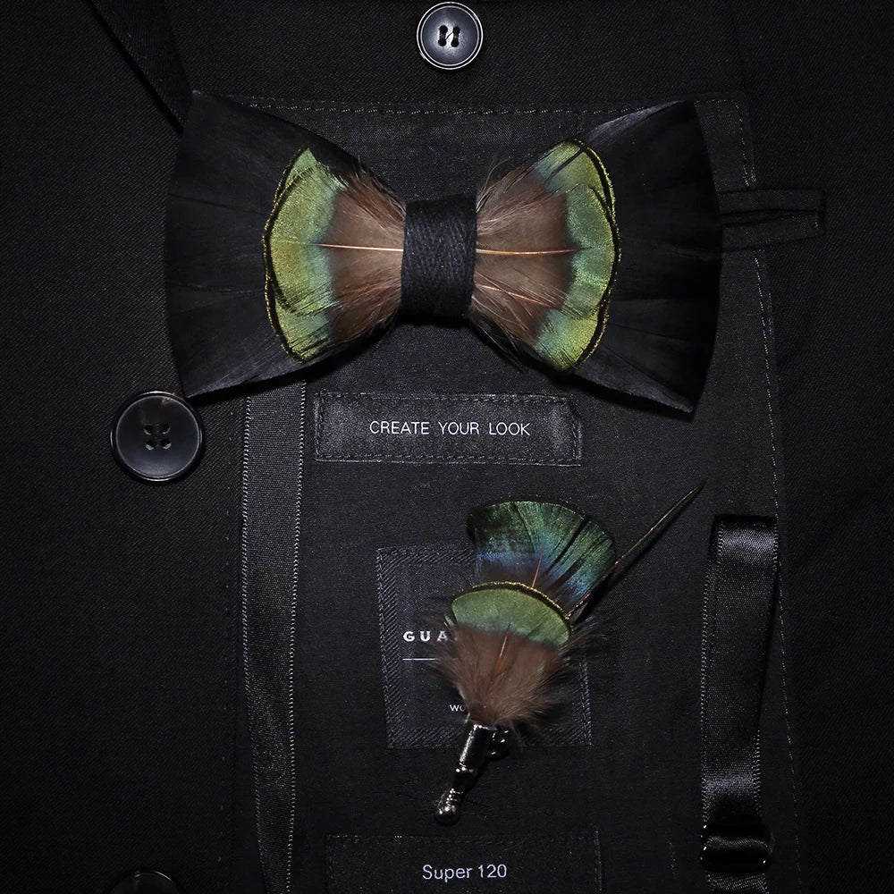 Men's Bow Tie & Pin Set Handmade Natural Feather Gift Box