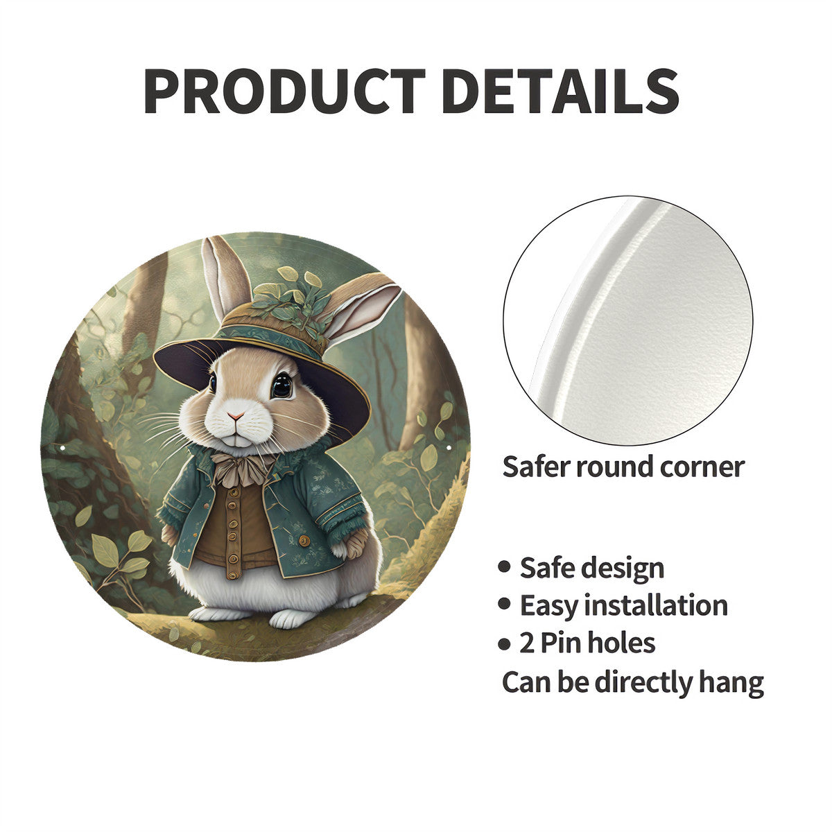 Sweet Woodland Bunny Round Steel Metal Wall Art Decor