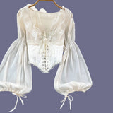 French Court Blouse Chiffon Lace Lace-up Top