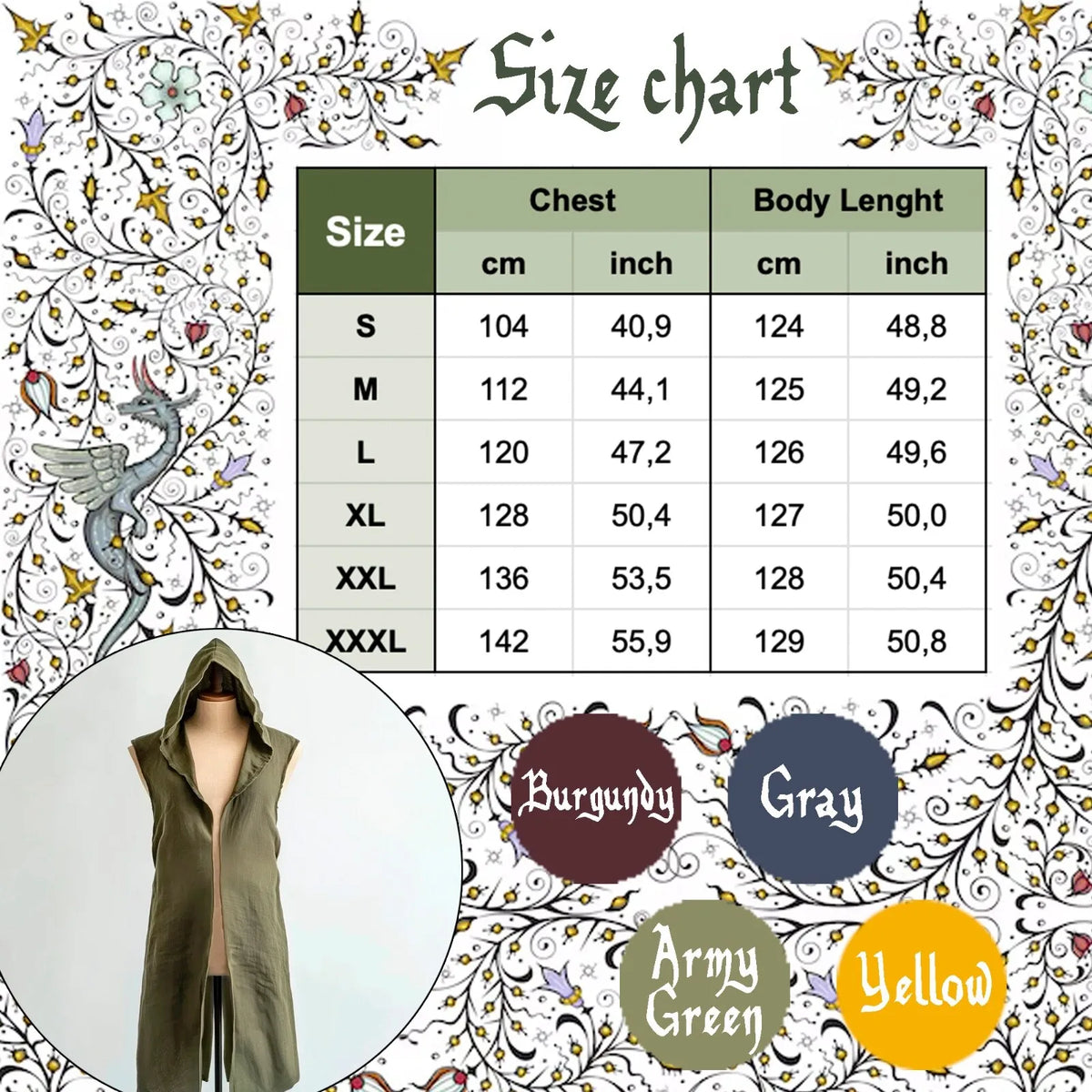 Medieval Mens Surcoat Linen Hooded Tunic Renfaire Cape LARP Ranger Cosplay