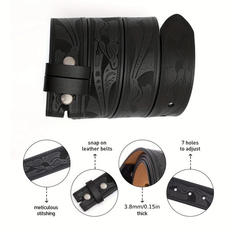 Genuine Leather Vintage Belt No Buckle Embossed Cowhide Strap Western Cowboy Belts