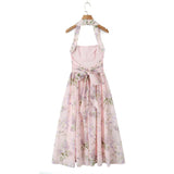 Ceony's Pink Floral Backless Halter Neck Dress