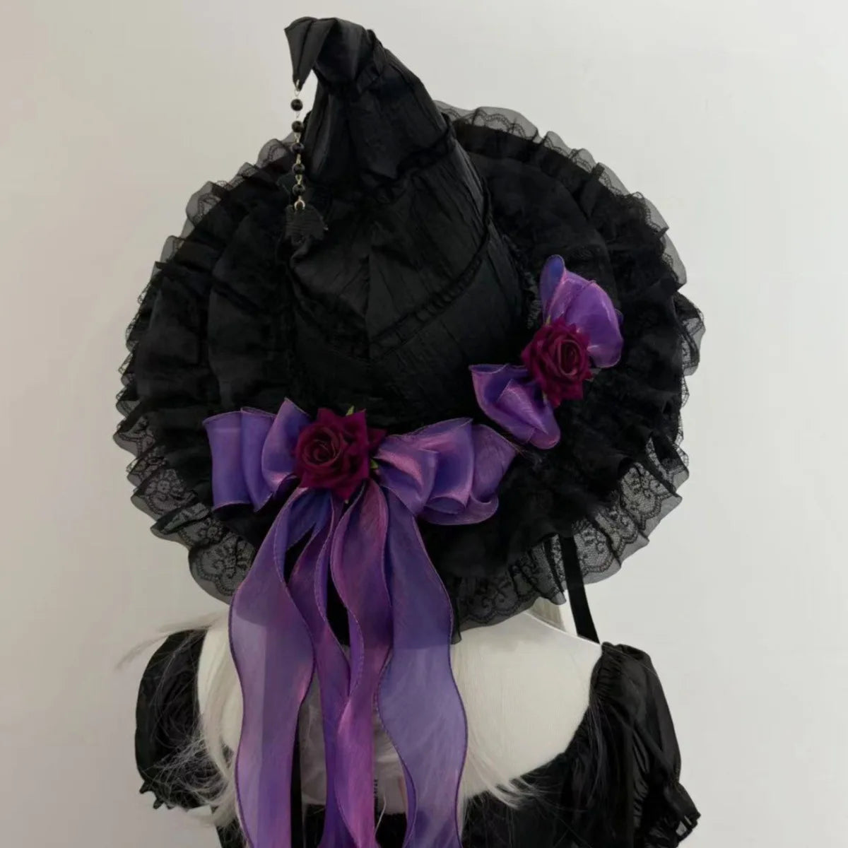 Gothic Witch's Hat Black Ruffled Lace Rose Bow Ribbon Halloween Party Cosplay Costume Props Decor