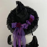 Gothic Witch's Hat Black Ruffled Lace Rose Bow Ribbon Halloween Party Cosplay Costume Props Decor