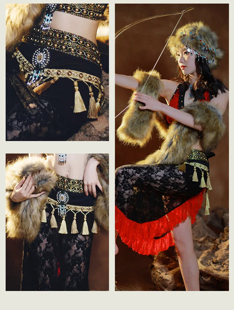 Tribal Fusion Women Belly Dance Costume 2 pieces Top and Hip Scarf