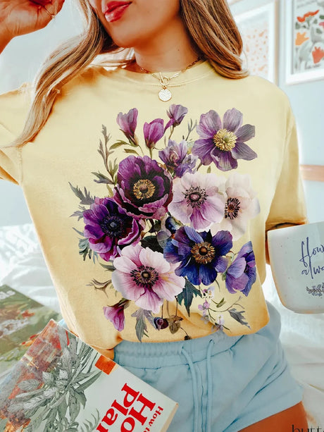 Vintage Pressed Flowers T-Shirt Cottagecore Botanical Purple Floral Cotton Tee