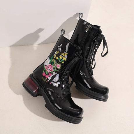 Wildflower Embroidery Lace Up Ankle Boots Black Platform Chunky Heels Large Sizes
