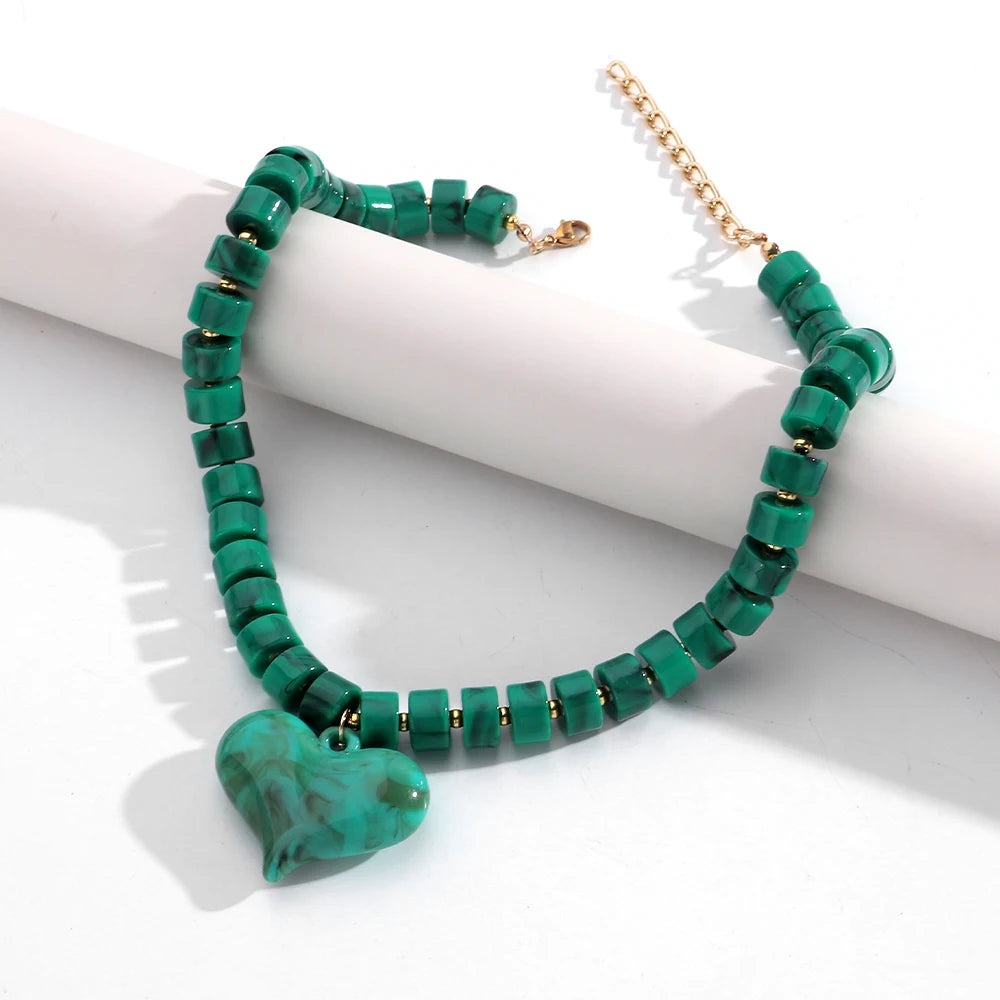 Chunky Acrylic Heart Pendant Beaded Choker Necklaces