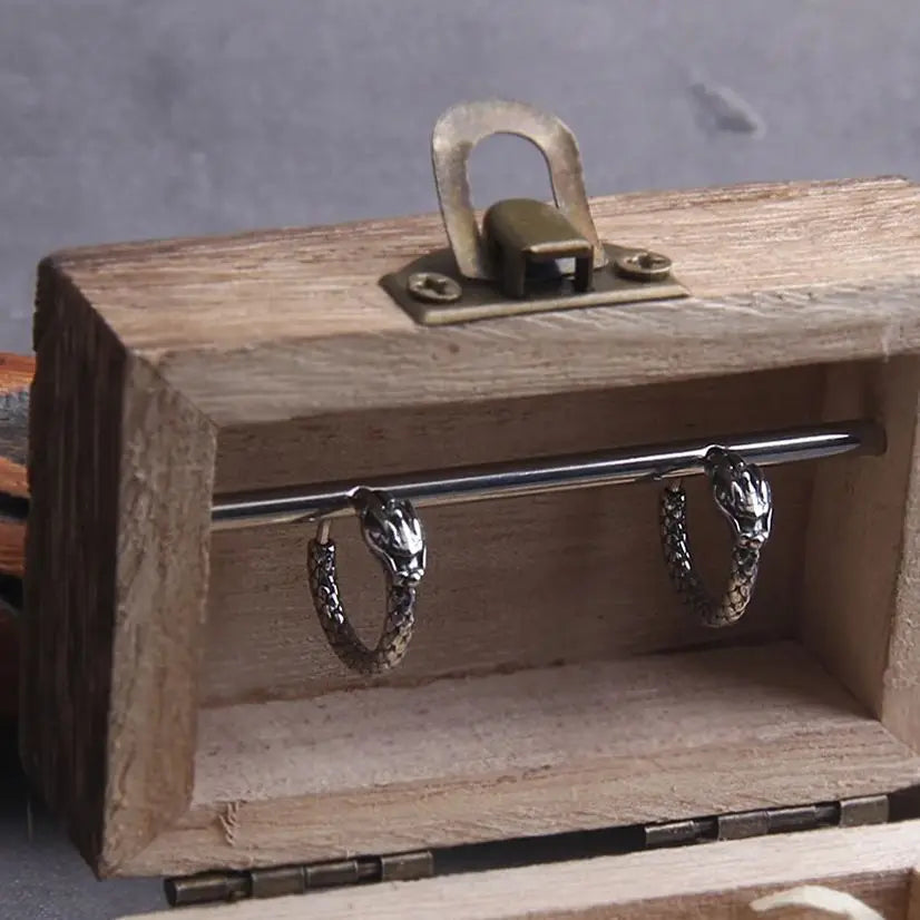 Viking Dragon Head Huggie Stainless Steel Men Hoop Earrings with Wooden Box