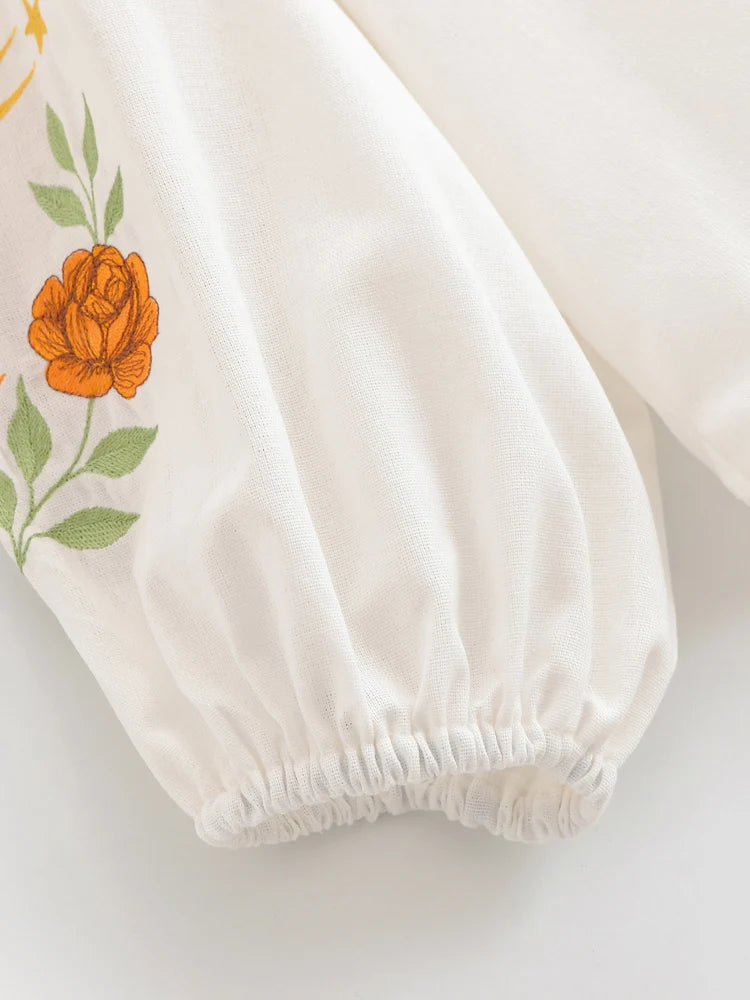 Sweet As Sunshine Vintage Sun and Floral Embroidered Linen Cotton Shirts Boho Tassel Blouse