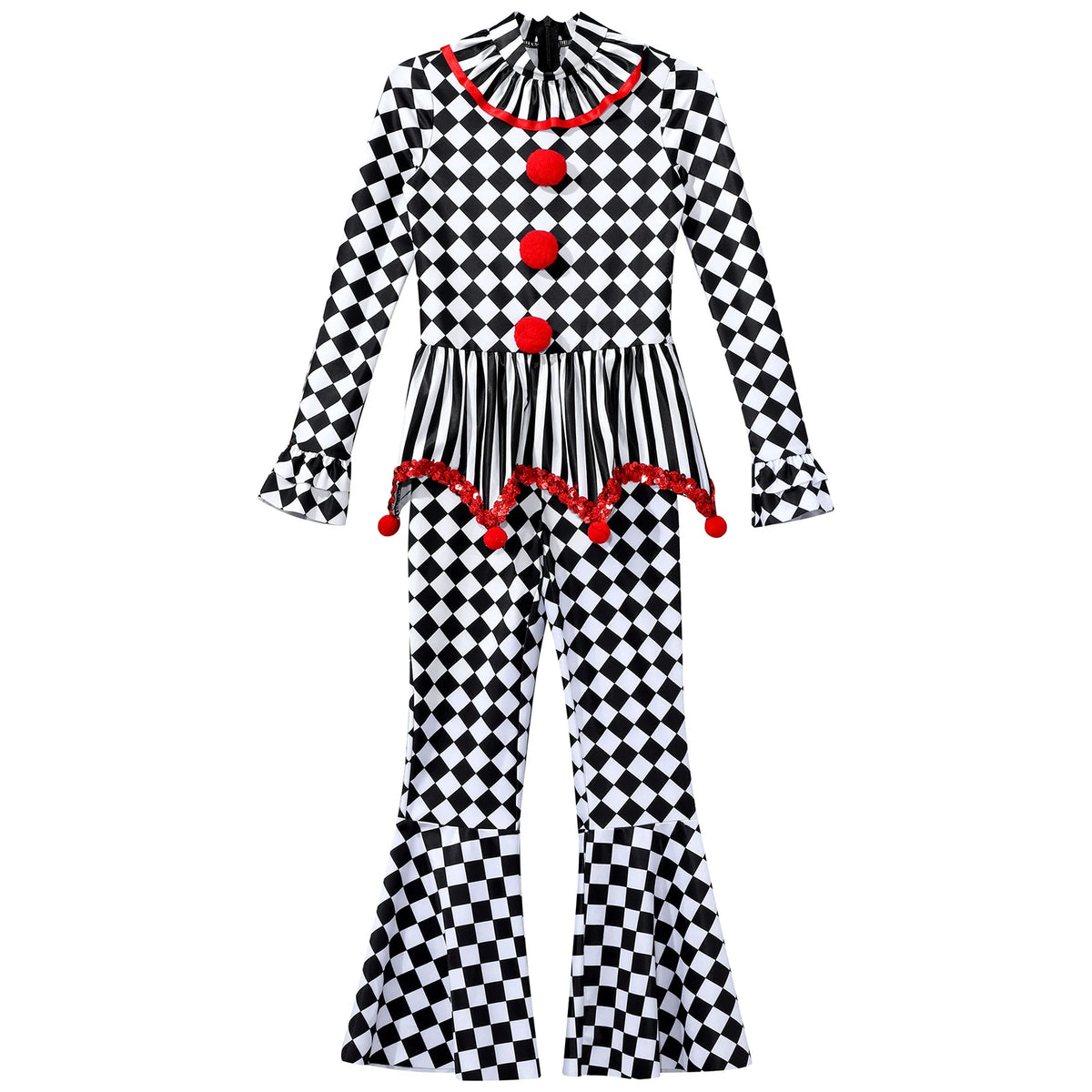 Kids Girls Halloween Harlequin Circus Clown Cosplay Costume Pom Poms Checkerboard Jumpsuit