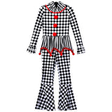 Kids Girls Halloween Harlequin Circus Clown Cosplay Costume Pom Poms Checkerboard Jumpsuit