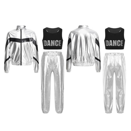 Girls Hip-hop Dance Outfit Streetwear Racer Back Tank Crop Top + Long Sleeve Jacket + Pants 3Pcs/Set
