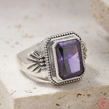 Maga's Portal Key S925 Sterling Silver Diamond Ring Square Natural Amethyst