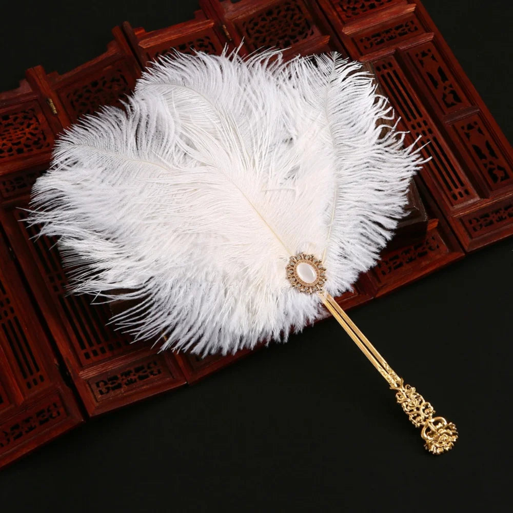 Ostrich Feather Fan Round Fan with Golden Hollow Handle Court Dance Hand Fans