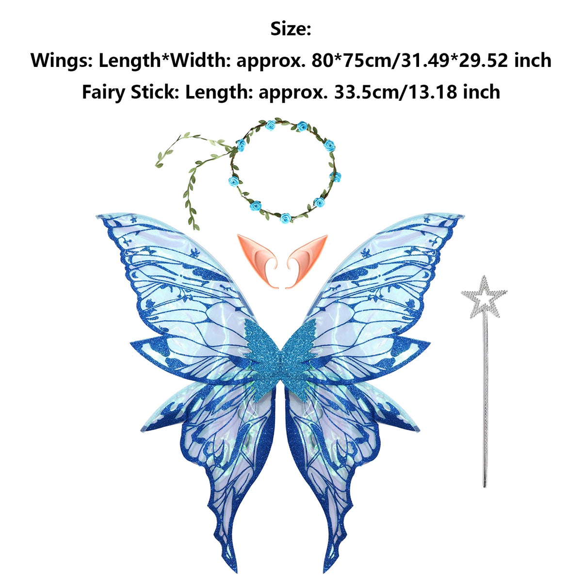 Fairy Elf Costume Wings, Ears, Wand and Hair Wreath Sets