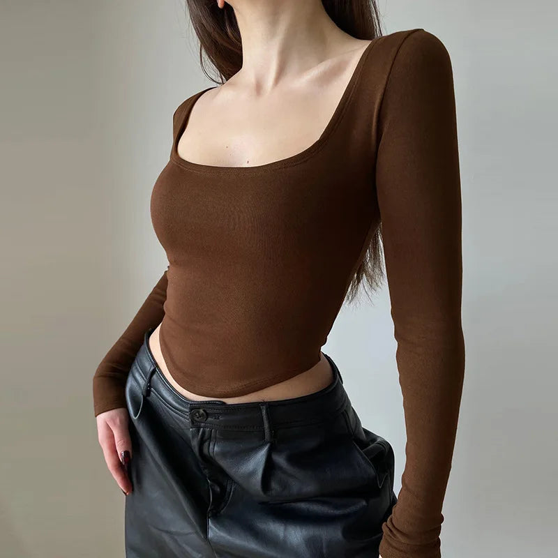Scooped Long Sleeve Fitted Tees Basics T-Shirts