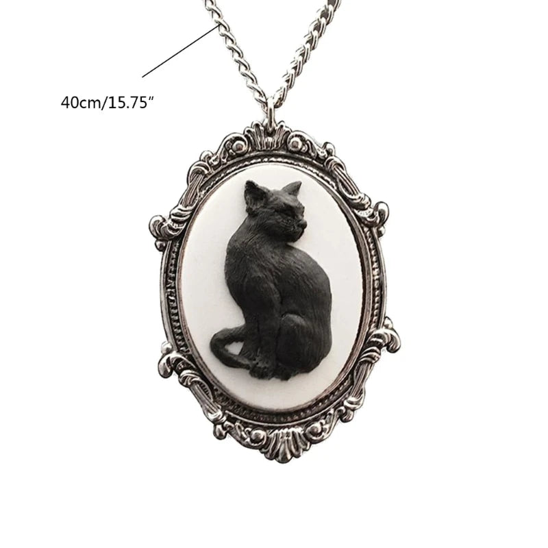 Familiar Black Cat Cameo Necklace Halloween Jewellery
