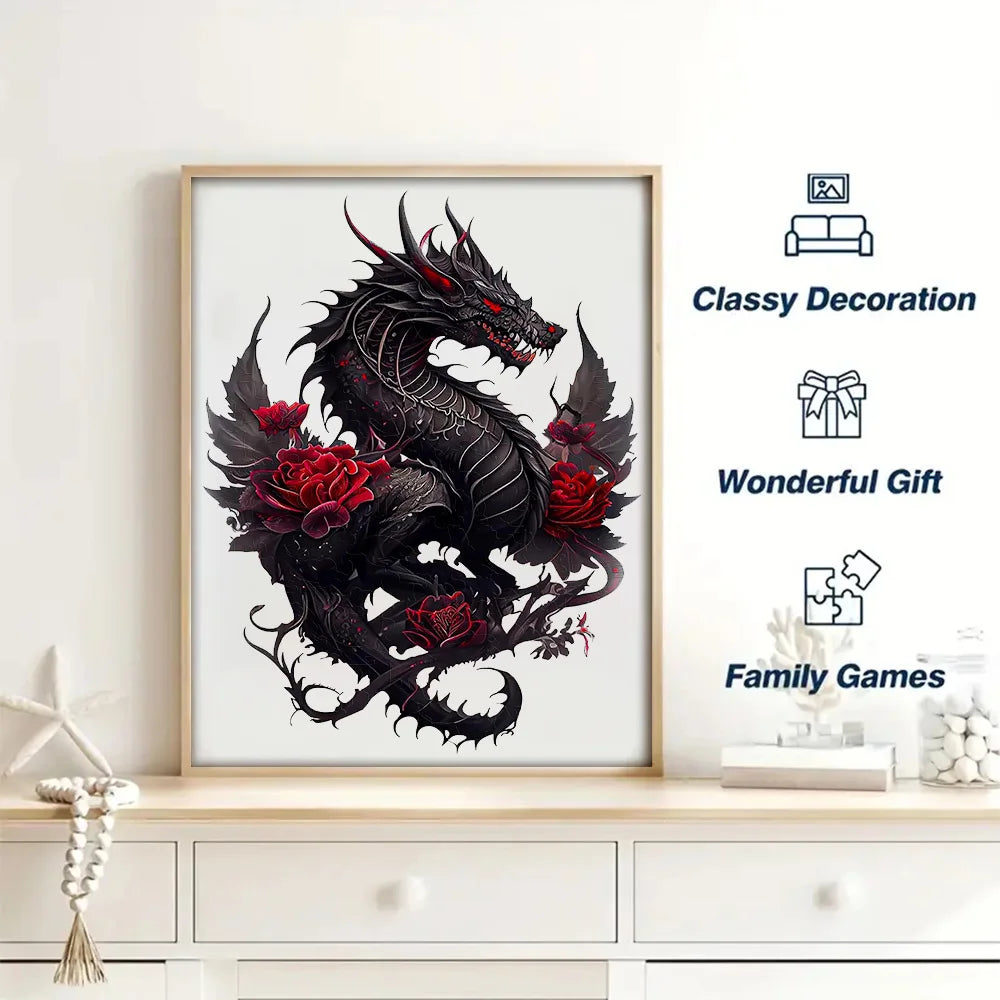 Gothic Rose Flying Dragon Wooden Jigsaw Puzzle Irregular Shaped Pieces