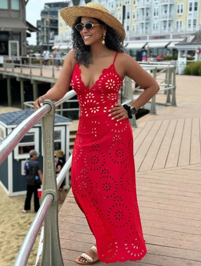 Red Flower Hollow Lace Swimsuit Skirt Resort Wear