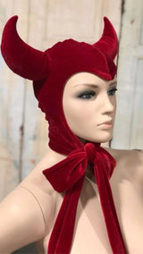 Vintage Little Devil Red/Black Velvet Hood Hat Women Men Headdress Horned Devil Bonnet Headpiece Halloween Props