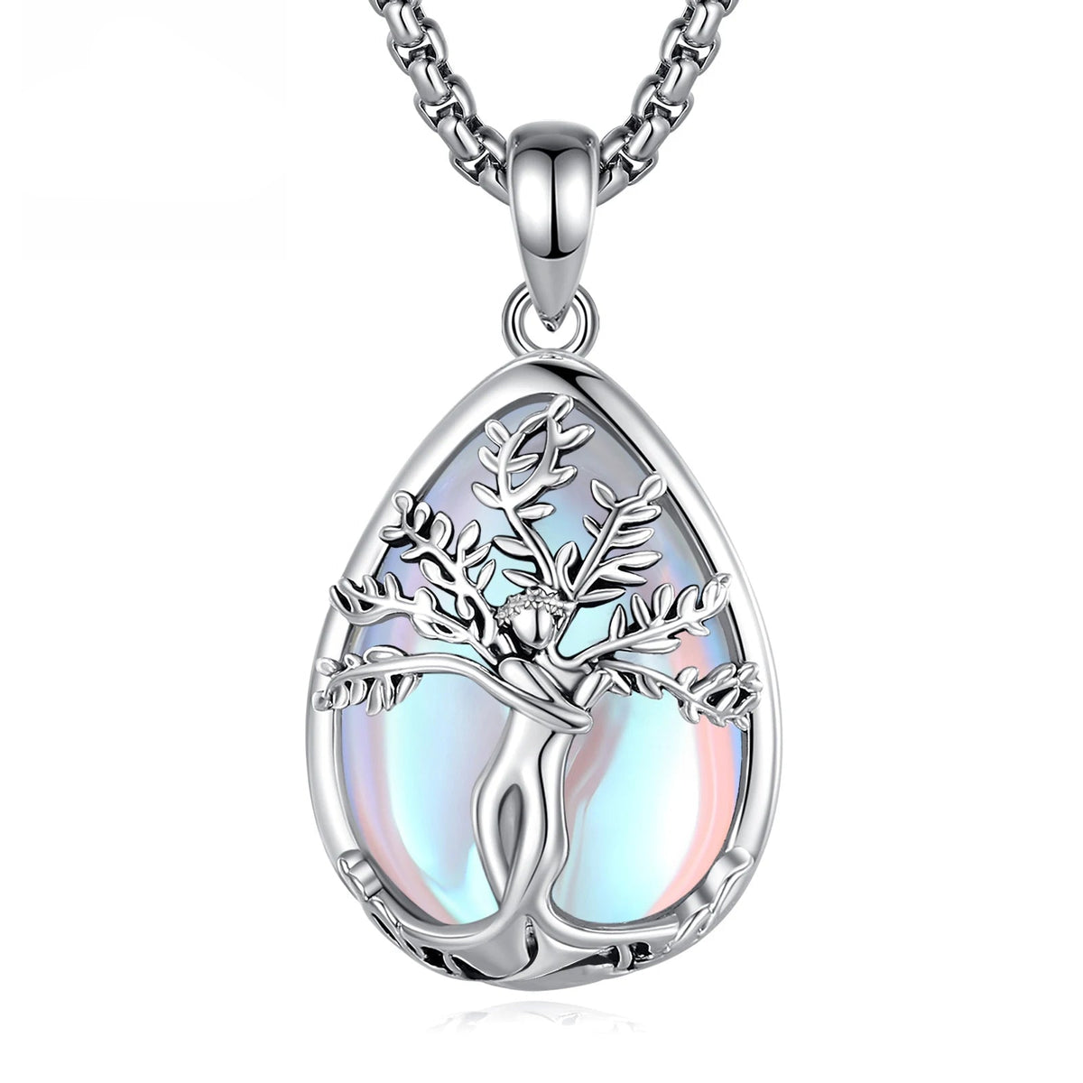 Tree of Life Goddess Moonstone Crystal Stone Pendant Necklace