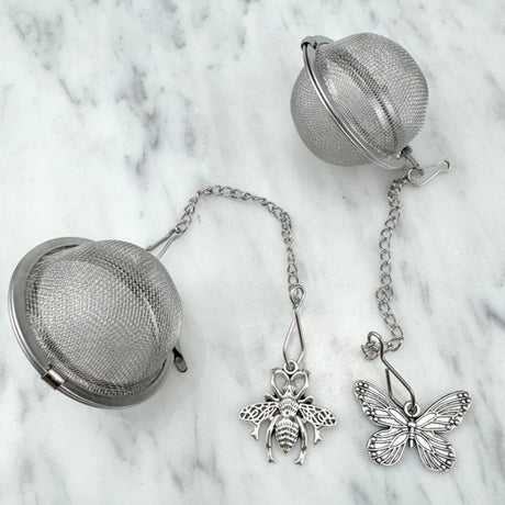 Set of Two Stainless Steel Tea Infusers Butterfly Bee Charm Chain Mesh Ball Tea Strainer