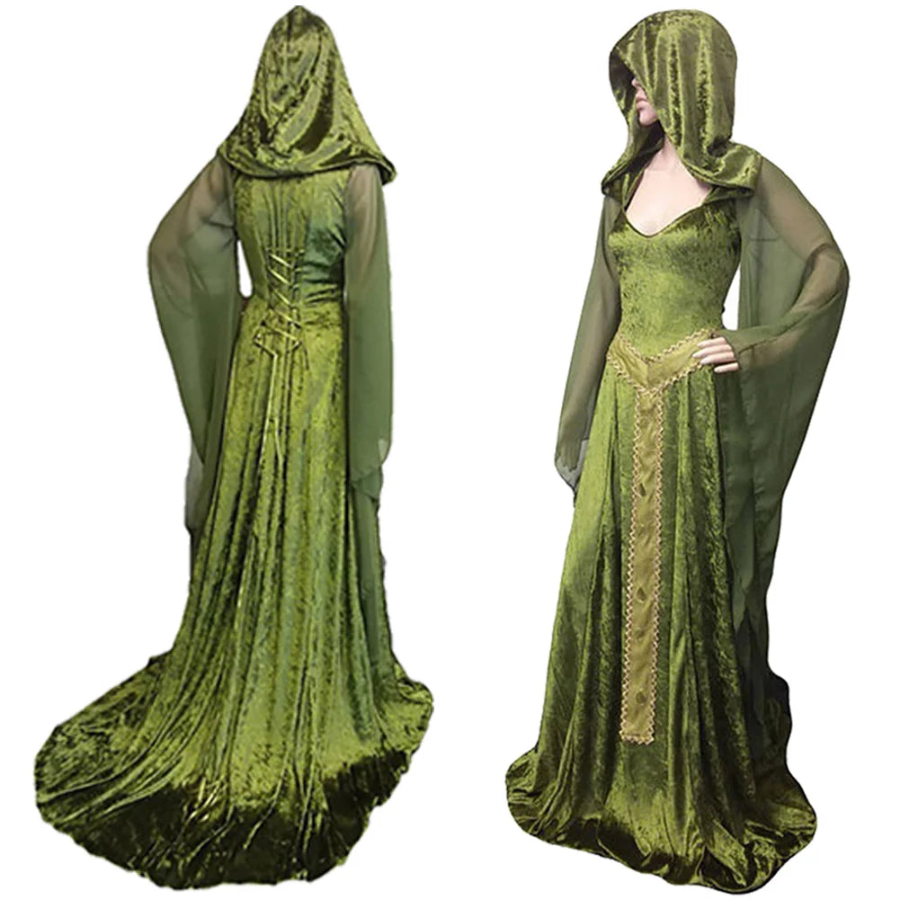 Mysterious Medieval Lady Cosplay Green Black Hooded Gown Renaissance Costume