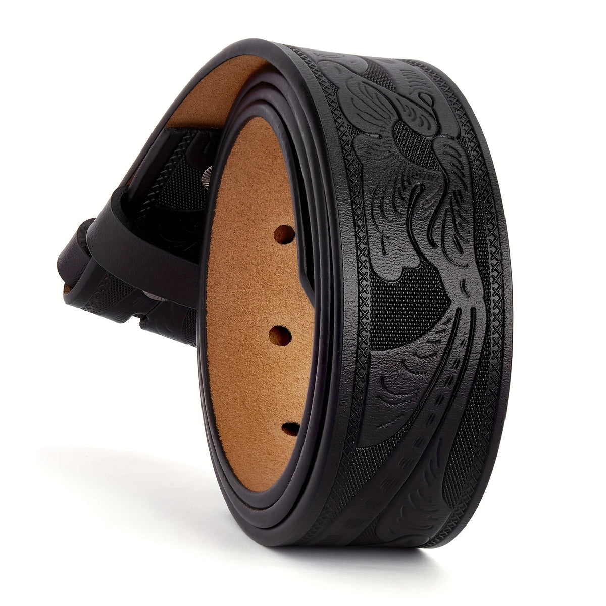 Genuine Leather Vintage Belt No Buckle Embossed Cowhide Strap Western Cowboy Belts
