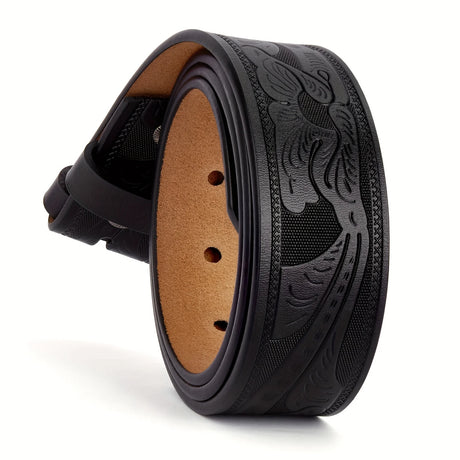 Genuine Leather Vintage Belt No Buckle Embossed Cowhide Strap Western Cowboy Belts