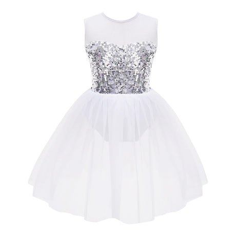 Girls Ballet Gymnastics Figure Ice Skating Sequin Leotard Tutu Dress Performance Dancewear